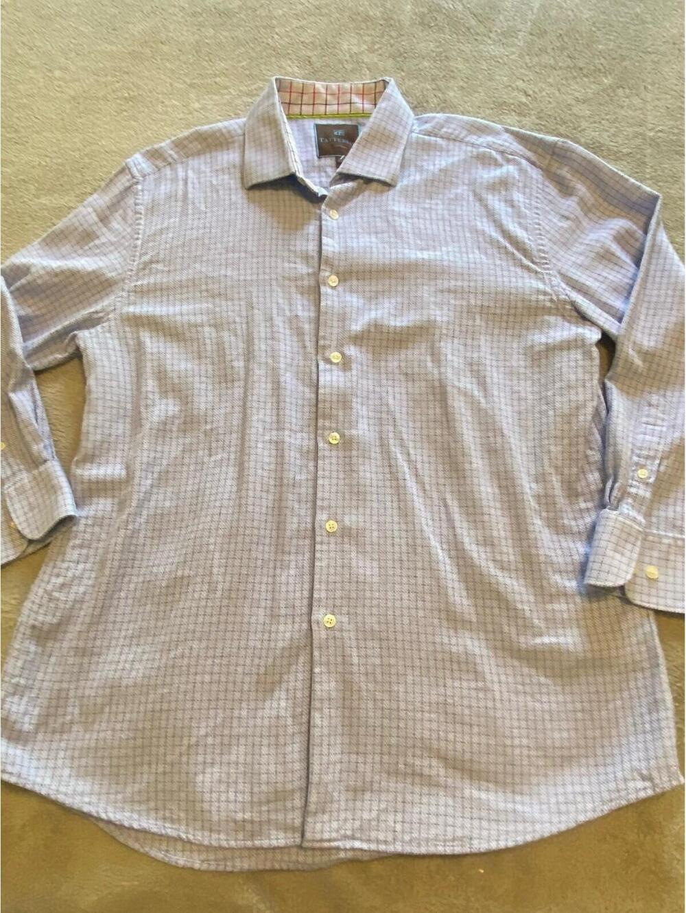 James Tattersall London Shirt Men XL Blue White Check Button Down Natural Fabric